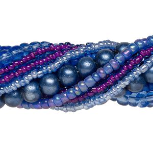 Bead assortment, glass, opaque to transparent light to dark blue, 3x1mm-6mm round and irregular rondelle. Sold per pkg of (8) 14-inch strands, approximately 1,200 beads.