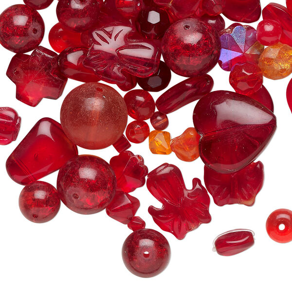 Bead mix, glass, translucent and transparent multi-red, 5mm-30x19mm mixed shapes. Sold per 1/4-pound pkg, approximately 90 beads. image number 0