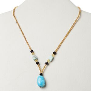 Multi-gemstone / glass / "pewter" (zinc-based alloy) 1pkg1, AB silver-finished / antique gold-finished nugget necklace 17 inch / lobster claw clasp large