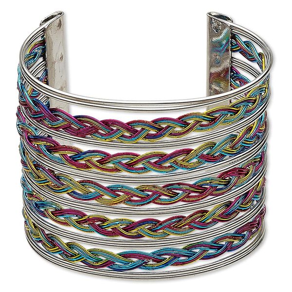 Bracelet, cuff, antique silver-plated steel, multicolored, 57mm wide with weave pattern, 7 inches. Sold individually. image number 0