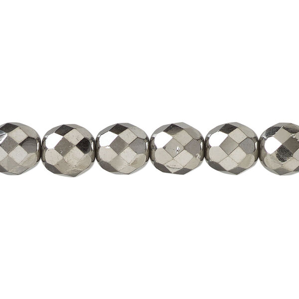 Bead, fire-polished, metallic grey glass, opaque clear, 8mm faceted round. Sold per 15-1/2 to 16-inch strand. image number 0