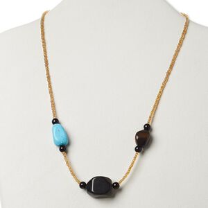 Multi-gemstone / glass / "pewter" (zinc-based alloy) 1pkg1, AB silver-finished / antique gold-finished necklace 17 inch / lobster claw clasp