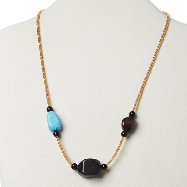 Multi-gemstone / glass / "pewter" (zinc-based alloy) 1pkg1, AB silver-finished / antique gold-finished necklace 17 inch / lobster claw clasp image number 0