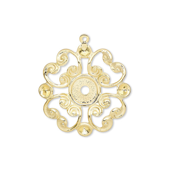 Drop, gold-plated brass, 23mm fancy flower with mounting for 6mm flat back and (4) PP24 chaton settings. Sold per pkg of 10. image number 0