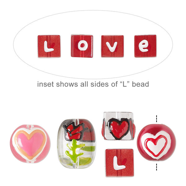 Bead mix, hand-painted glass, opaque to transparent multicolored, 10mm cube with "love" and heart design / 13mm round with heart design / 17x14mm oval with rose design. Sold per pkg of 5. image number 0