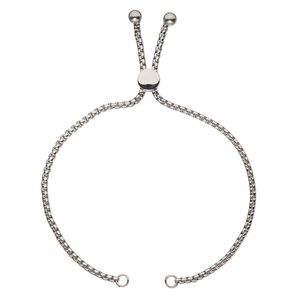 Bracelet component, silicone and stainless steel, clear, 2.5mm square rolo chain, 9-3/4 inches with 8mm flat round adjustable slider bead and (2) 5mm balls with 2 open loops. Sold individually.