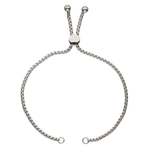 Bracelet component, silicone and stainless steel, clear, 2.5mm square rolo chain, 9-3/4 inches with 8mm flat round adjustable slider bead and (2) 5mm balls with 2 open loops. Sold individually. image number 0