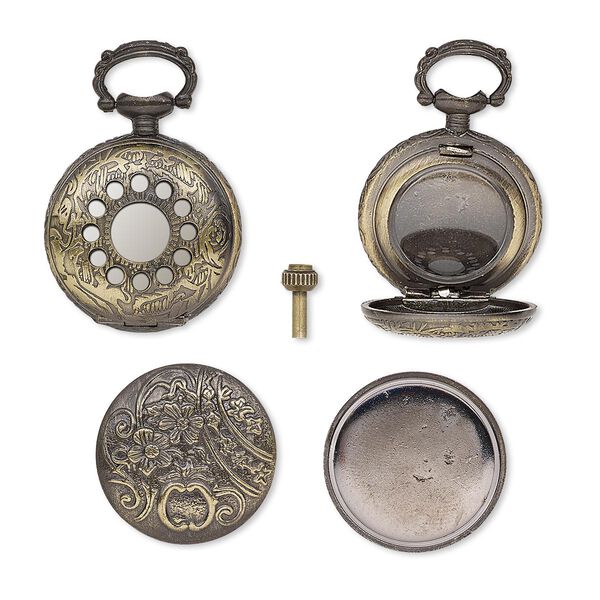 Watch body, acrylic and antique brass-plated "pewter" (zinc-based alloy), 40x28mm round with floral design. Sold per 3-piece set. image number 0