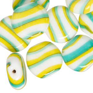 Bead, lampworked glass, opaque yellow / sky blue / white, 17mm flat round. Sold per pkg of 10.