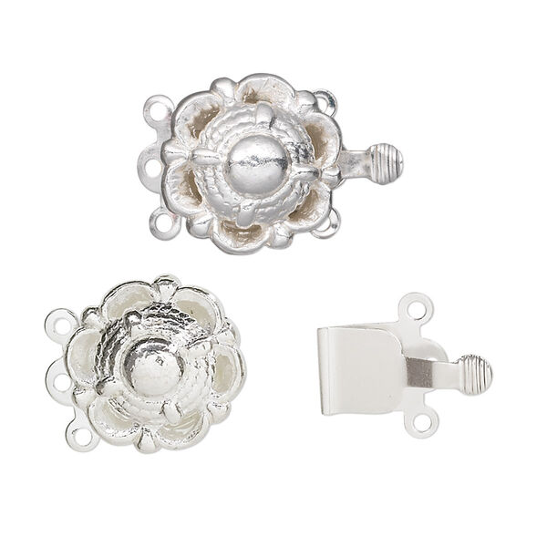 Clasp, 3-strand tab, silver-finished brass, 14mm round with scallop design. Sold per pkg of 10. image number 0