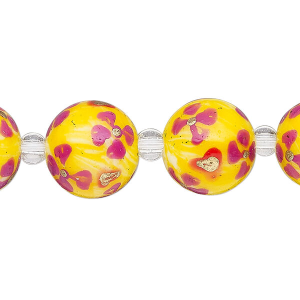 Bead, glass 1pkg8, yellow / red / gold, 14mm round with hand-painted flower. image number 0