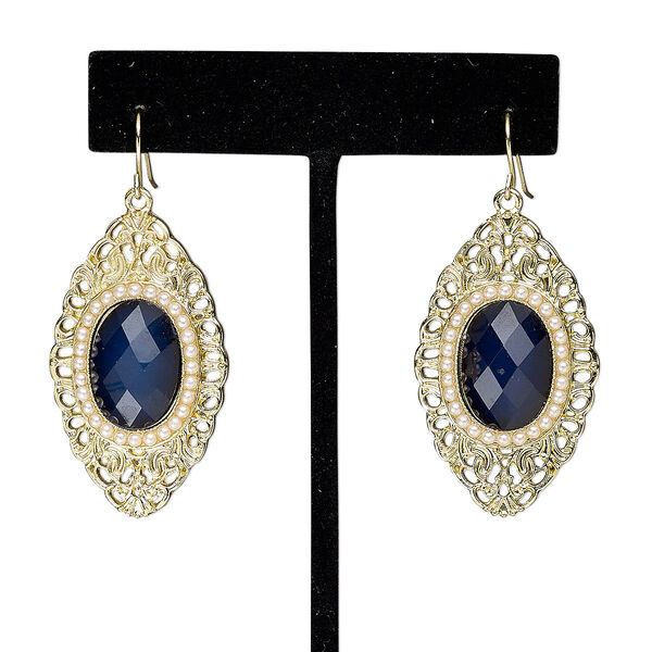 Earring, acrylic / acrylic pearl / gold-finished steel / "pewter" (zinc-based alloy), lapis blue and white, 2 inches with marquise and fishhook ear wire. Sold per pair. image number 0