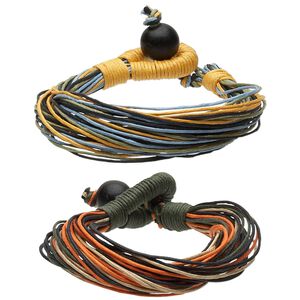 Bracelet mix, multi-strand, waxed cotton and painted Chinese red pine tree wood, multicolored, 19mm wide, 7 inches with button clasp. Sold per pkg of 2.