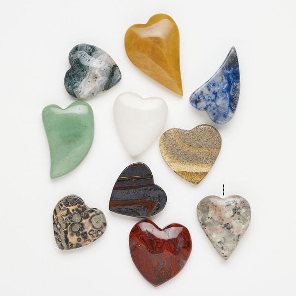 Multi-gemstone 1pkg10, half-drilled puffed / flat heart, drop mix 26x26mm-42x34mm image number 1