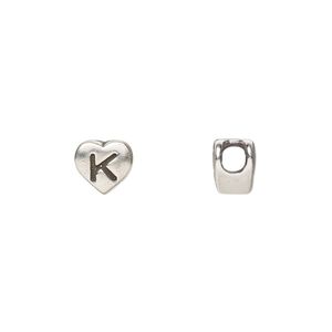 Bead, sterling silver, 7.5x7mm heart with alphabet letter "K." Sold individually.