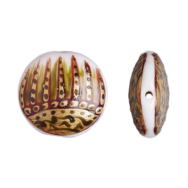 Bead, lampworked glass, white / gold / multicolored, 22mm double-sided puffed flat round with hand-painted abstract design. Sold per pkg of 2. image number 0