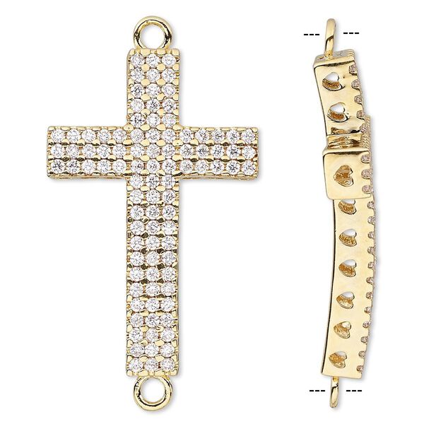 Focal, glass rhinestone and gold-finished brass, clear, 42x22mm single-sided curved cross with heart cutouts. Sold individually. image number 0