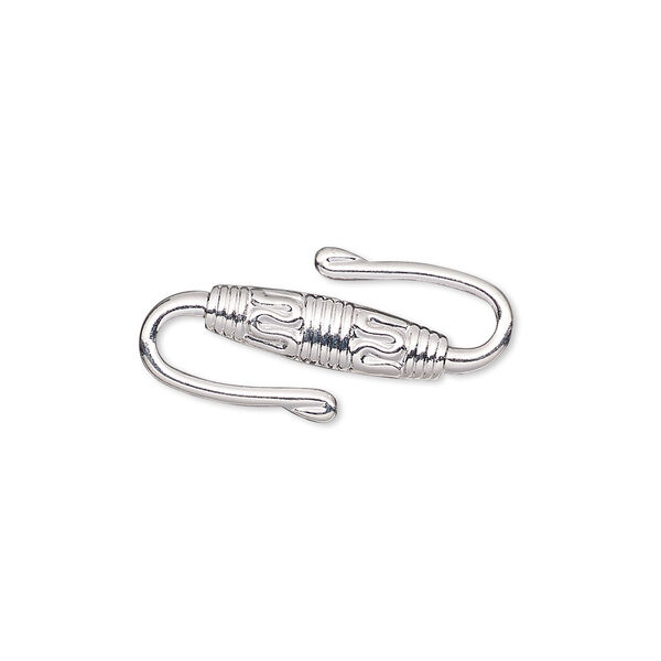 Clasp, S-hook, silver-plated brass, 25x15.5mm single-sided with lines and swirl design. Sold per pkg of 10. image number 0