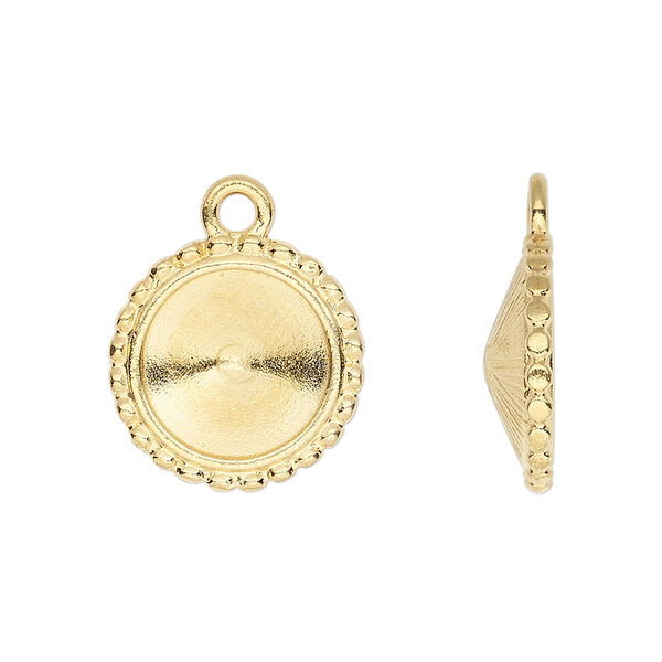 Drop, Almost Instant Jewelry® and TierraCast®, gold-plated pewter (tin-based alloy), 17mm round with beaded edge and 12mm rivoli glue-in setting. Sold per pkg of 20. image number 0