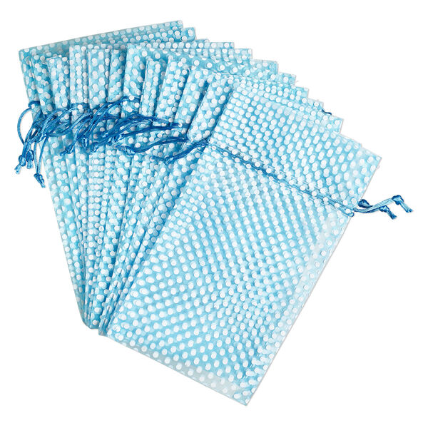 Pouch, organza, turquoise blue and white, 10x6 inches with dots pattern and drawstring closure. Sold per pkg of 12. image number 0