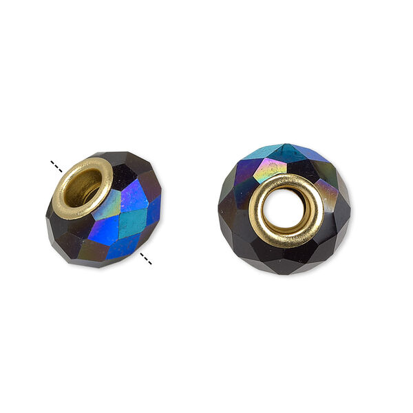 Bead, Dione®, glass and gold-finished brass grommets, 32-facet, black AB, 13x9mm-14x10mm faceted rondelle, 4.5mm hole. Sold individually. image number 0