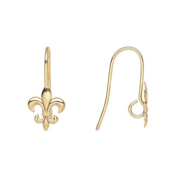 Ear wire fishhook 1pkg10 gold-plated, 18mm / 10x8mm fleur-de-lis / hidden open loop, 21 gauge brass 5 pair image number 0
