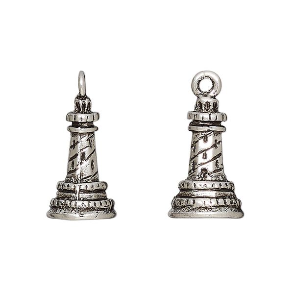 Charm, antique silver-plated pewter (tin-based alloy), 18.5x11.5mm 3D lighthouse. Sold per pkg of 2. image number 0
