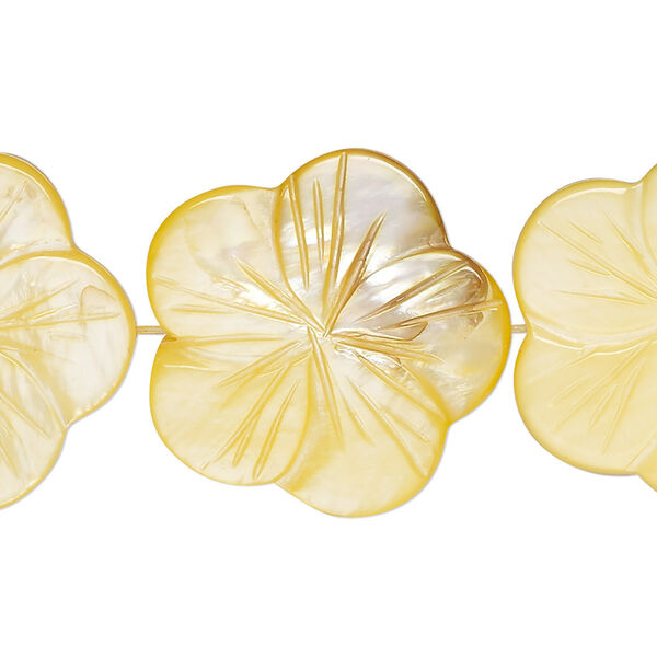 Bead, mother-of-pearl shell (dyed), pale yellow, 24x23mm-26x25mm carved flat flower with 0.6-0.8mm hole, Mohs hardness 3-1/2. Sold per 15-inch strand. image number 0