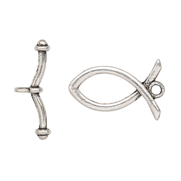 Clasp, toggle, antique silver-plated "pewter" (zinc-based alloy), 23x15mm Christian fish. Sold per pkg of 4. image number 0