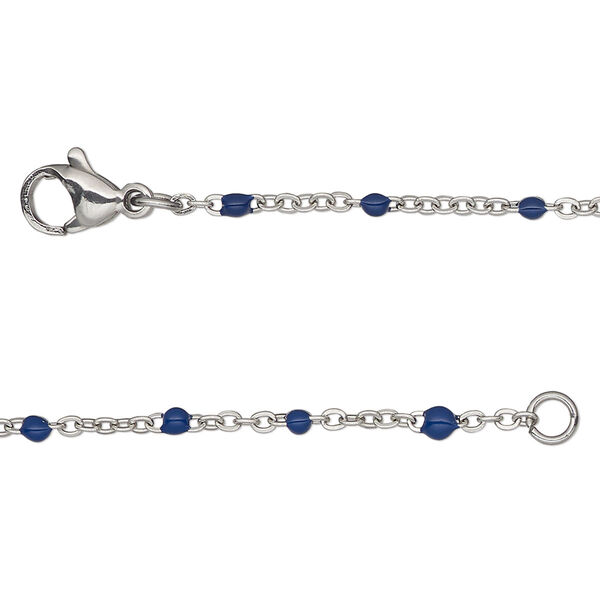 Chain, stainless steel and enamel, blue, 1.7mm flat cable with 2mm ball, 18 inches with lobster claw clasp. Sold individually. image number 0