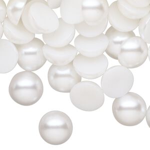 Cabochon, acrylic pearl, satin white, 10mm non-calibrated undrilled round. Sold per pkg of 720, approximately 750 cabochons.