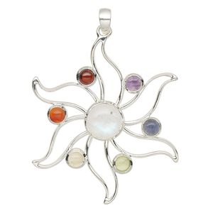 Pendant, multi-gemstone (natural / dyed / heated) and sterling silver, 44x39mm single-sided sun. Sold individually.