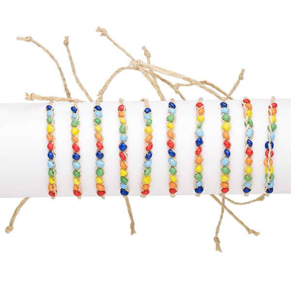 Bracelet, Everyday Jewelry, glass and raffia wood, multicolored, adjustable up to 10 inches with tie closure. Sold per pkg of 10. image number 0