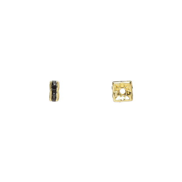 Bead, glass rhinestone and gold-finished brass, black, 4x2mm squaredelle. Sold per pkg of 10. image number 0