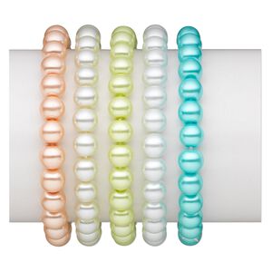 Bracelet, stretch, glass pearl, pastel colors, 8mm round, 6-1/2 inches. Sold per pkg of 5.