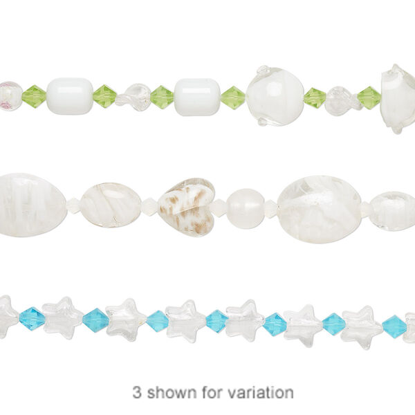 Bead mix, lampworked glass and glass, opaque to transparent multicolored, 6mm-34x25mm mixed shape. Sold per 7-inch strand. image number 0