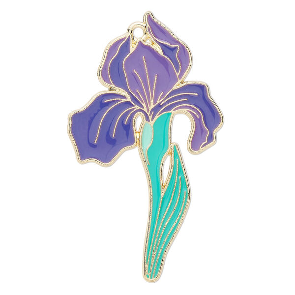 Focal, gold-finished "pewter" (zinc-based alloy) and enamel, multi-purple and green, 52x30mm iris. Sold individually. image number 0