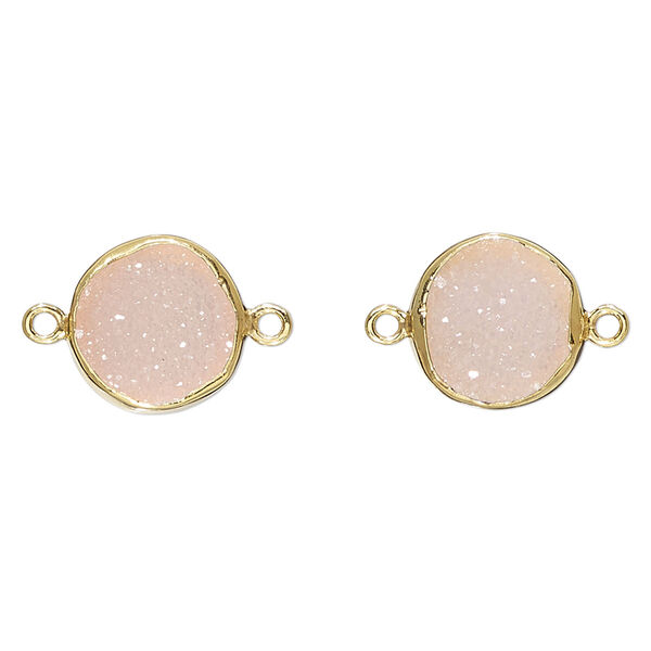 Link, druzy agate (dyed) and gold-finished sterling silver, pink, 12mm single-sided round. Sold per pkg of 2. image number 0