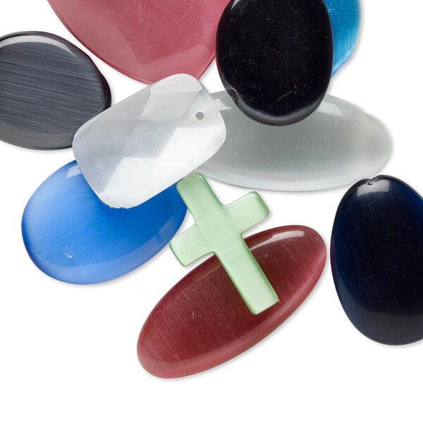 Focal mix, cat's eye glass (fiber optic glass), mixed colors, 30x23mm-46x44mm mixed shape. Sold per pkg of 10. image number 0