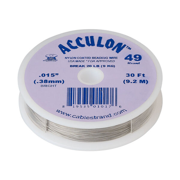 Beading wire, Acculon®, nylon-coated stainless steel, clear, 49 strand, 0.015-inch diameter. Sold per 30-foot spool. image number 0