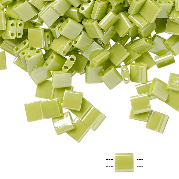Seed bead, TILA®, glass, pkg/10g, 5mm full tila square, opaque luster apple green, (TL-439). image number 0