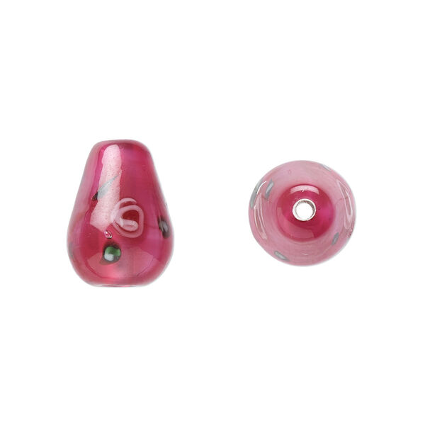 Bead, Czech lampworked glass, opaque pink and green, 12x8mm-13x9mm teardrop with flower design. Sold per pkg of 4. image number 0