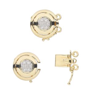 Clasp tab 1pkg1 14Kt gold / diamond (natural), 13.5mm faceted flat round / safety latch, 2-strand