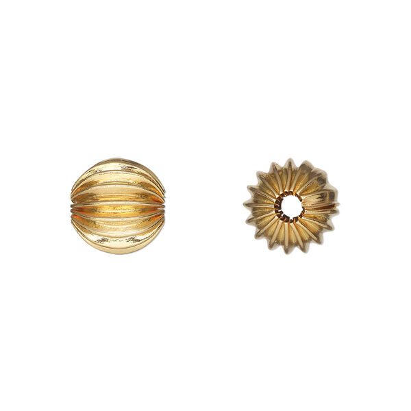 Bead, gold-plated brass, 9.5mm corrugated round. Sold per pkg of 10. image number 0