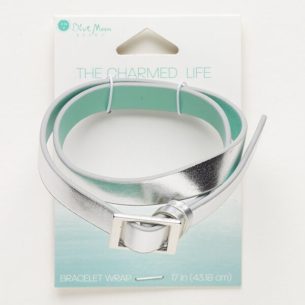 Bracelet, wrap, vinyl and silver-finished steel, silver and light teal, 10mm wide with textured design, adjustable up to 17 inches. Sold individually. image number 0