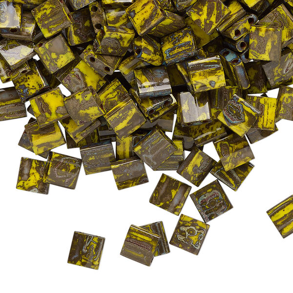 Seed bead, TILA®, glass, pkg/40g, 5mm full tila square, opaque Picasso mustard, (TL-4519). image number 0