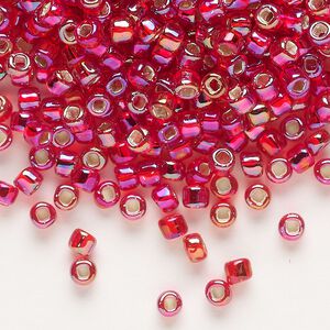 Seed bead, Dyna-Mites™, glass, silver-lined translucent rainbow ruby red, #6 round with square hole. Sold per 40-gram pkg.