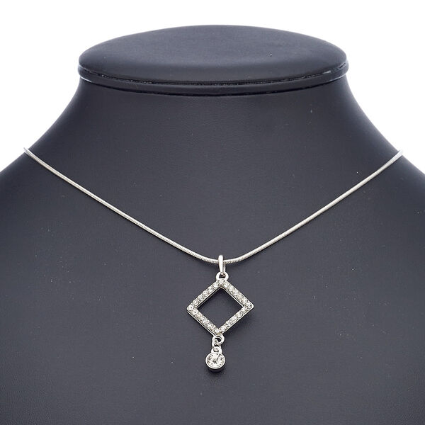 Necklace, glass rhinestone with imitation rhodium-finished steel and "pewter" (zinc-based alloy), clear, 37x24mm with 24x24mm open diamond, 18 inches with 2-inch extender chain and lobster claw clasp. Sold individually. image number 0