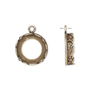 Drop, JBB Findings, antiqued brass, 16mm round with open back and flower and leaf design trim, 14mm round bezel setting. Sold per pkg of 2.