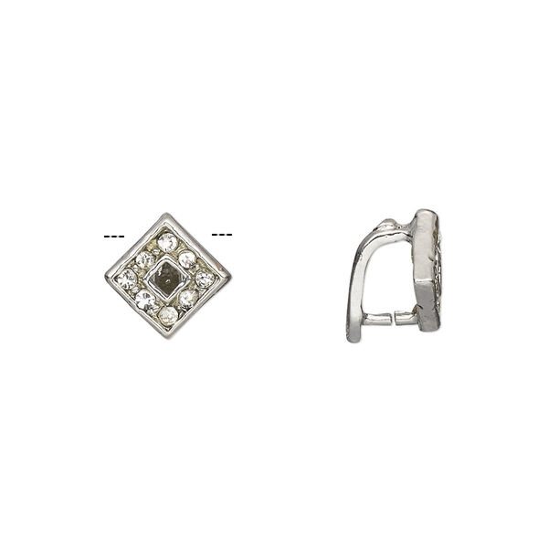 Bail, ice-pick, Egyptian glass rhinestone and imitation rhodium-plated brass, clear, 10x8mm diamond, 5.5mm grip length. Sold per pkg of 6. image number 0